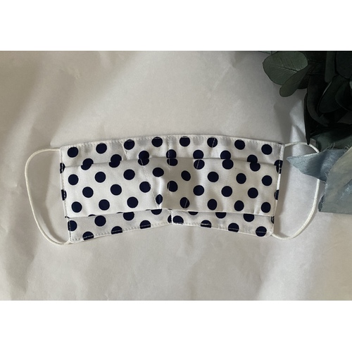 Face Mask - Navy Spot on White. Cotton outer, Soft cotton mask. (not medical grade) Adult